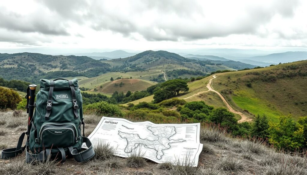 A serene landscape unfolds, rolling hills dotted with lush foliage, a winding trail inviting the wanderer's footsteps. In the foreground, a weathered backpack and hiking poles stand ready, accented with vibrant pops of color. The middleground features a detailed map, its contours inked in precise lines, guiding the journey ahead. In the background, a cloudy sky casts a soft, atmospheric glow, creating a sense of tranquility and anticipation. Rendered in a striking black and white palette with selective color highlights, this image captures the essence of planning a captivating wanderreise through the enchanting regions of Portugal.