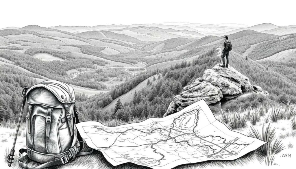 A serene landscape with rolling hills, verdant forests, and winding trails, captured in a timeless monochrome palette with subtle pops of color. In the foreground, a hiker's backpack and hiking poles stand ready, hinting at the adventure to come. The middle ground reveals a weathered map unfurled, its intricate details inviting exploration. In the background, a solitary silhouette of a wanderer stands atop a rocky outcrop, gazing out over the enchanting scenery, contemplating the planning and organization required for an unforgettable journey.