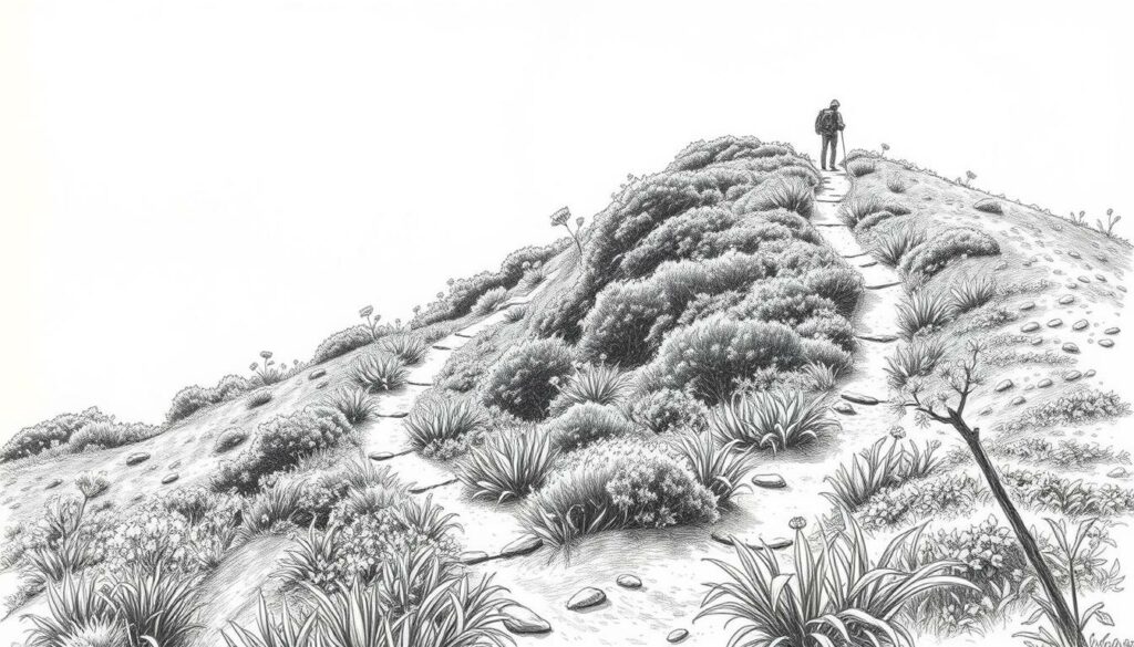 A serene, monochrome landscape of a winding mountain trail, cutting through lush, verdant foliage. The path is peppered with vibrant splashes of color - a wildflower here, a fallen leaf there, guiding the viewer's eye along the journey. Filtered sunlight casts a soft, muted glow, creating a sense of tranquility and timelessness. In the distance, the silhouette of a lone hiker, their path illuminated by the gentle contrast of light and shadow. This image evokes the contemplative spirit of a hiking expedition, capturing the essence of the "Praktische Planung Ihrer Wanderreise" section.