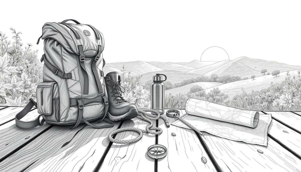A serene outdoor scene showcasing the essential hiking gear for an adventurous journey through the picturesque landscapes of Portugal. In the foreground, a sturdy backpack, hiking boots, and a coiled climbing rope sit atop a weathered wooden surface, casting delicate shadows. The middle ground features a compass, a water bottle, and a map unfurled, hinting at the exploratory nature of the expedition. In the background, verdant foliage and rolling hills are rendered in a muted, pencil-sketch style, with subtle pops of color in the form of wildflowers or a vibrant sunset sky. The overall aesthetic is one of careful planning, rugged resilience, and a deep appreciation for the great outdoors. A serene outdoor scene showcasing the essential hiking gear for an adventurous journey through the picturesque landscapes of Portugal. In the foreground, a sturdy backpack, hiking boots, and a coiled climbing rope sit atop a weathered wooden surface, casting delicate shadows. The middle ground features a compass, a water bottle, and a map unfurled, hinting at the exploratory nature of the expedition. In the background, verdant foliage and rolling hills are rendered in a muted, pencil-sketch style, with subtle pops of color in the form of wildflowers or a vibrant sunset sky. The overall aesthetic is one of careful planning, rugged resilience, and a deep appreciation for the great outdoors.