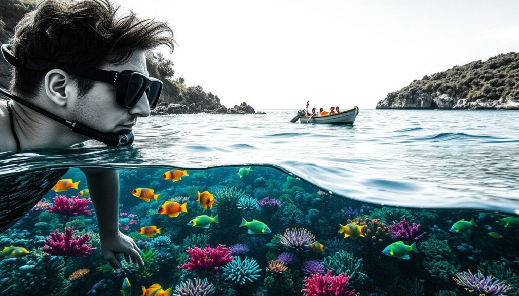 A serene seascape with vibrant underwater life, capturing the essence of coastal activities. In the foreground, a snorkeler explores a kaleidoscope of colorful marine flora and fauna, the water's surface sparkling in the sunlight. The middle ground features a small boat gently rocking on the waves, while in the background, a rocky shoreline and lush vegetation frame the scene, creating a sense of tranquility. The image is rendered in a black and white palette, with selective pops of color highlighting the marine life and the boat's details, evoking a timeless, artistic aesthetic.