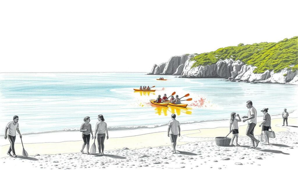 A serene seaside landscape in Portugal, where sustainable activities unfold. In the foreground, people engage in eco-friendly pursuits like beachcombing, tidepooling, or beach cleanups, their figures rendered in precise graphite strokes. The middle ground features vibrant splashes of color - perhaps a group of kayakers or stand-up paddleboarders gliding across the tranquil waters. In the distance, rugged cliffs and lush vegetation create a picturesque backdrop, bathed in a soft, natural light. The overall atmosphere conveys a sense of harmony between human activities and the pristine coastal environment. A serene seaside landscape in Portugal, where sustainable activities unfold. In the foreground, people engage in eco-friendly pursuits like beachcombing, tidepooling, or beach cleanups, their figures rendered in precise graphite strokes. The middle ground features vibrant splashes of color - perhaps a group of kayakers or stand-up paddleboarders gliding across the tranquil waters. In the distance, rugged cliffs and lush vegetation create a picturesque backdrop, bathed in a soft, natural light. The overall atmosphere conveys a sense of harmony between human activities and the pristine coastal environment.