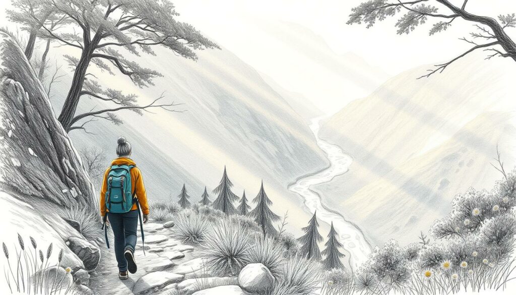 A serene solo hiker navigates a winding mountain path, backpack in hand, surrounded by lush verdant foliage and rocky outcroppings. Shafts of warm, golden light filter through the canopy, casting a contemplative atmosphere. In the distance, a meandering stream cuts through the landscape, its gentle flow a soothing accompaniment. The scene is rendered in a muted black-and-white palette, with subtle pops of color highlighting key elements, such as the hiker's vibrant jacket or the wildflowers dotting the forest floor. The overall composition conveys a sense of solitude, introspection, and a deep connection with the natural world.
