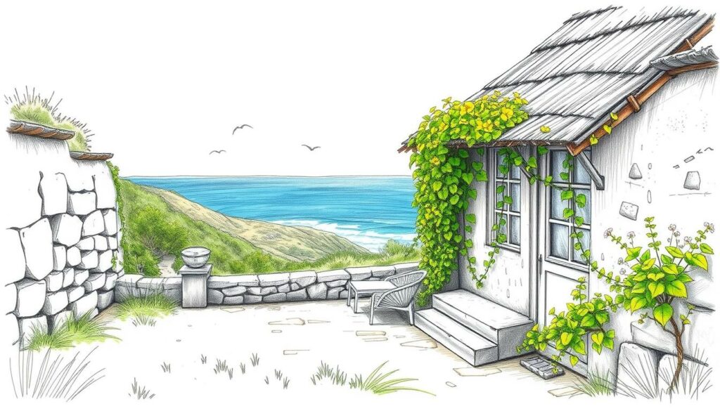 A serene, sustainable lodging tucked amidst the rolling hills of Portugal's lush, coastal landscape. Weathered stone walls and a thatched roof provide shelter, while large windows invite natural light to pour in. Vibrant green vines climb the exterior, adding pops of color against the muted, earthy tones. A small terrace offers sweeping views of the nearby ocean, its waves crashing rhythmically against the shore. The scene is captured in a soft, pencil-sketch style, with strategic bursts of color highlighting the verdant foliage and the deep blue of the distant sea. A serene, sustainable lodging tucked amidst the rolling hills of Portugal's lush, coastal landscape. Weathered stone walls and a thatched roof provide shelter, while large windows invite natural light to pour in. Vibrant green vines climb the exterior, adding pops of color against the muted, earthy tones. A small terrace offers sweeping views of the nearby ocean, its waves crashing rhythmically against the shore. The scene is captured in a soft, pencil-sketch style, with strategic bursts of color highlighting the verdant foliage and the deep blue of the distant sea.