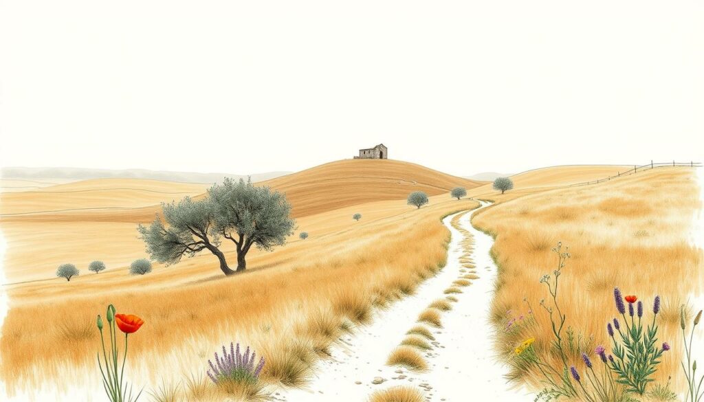 A serene, untamed landscape in the Alentejo region of Portugal. Rolling hills and vast, grassy plains stretch out under a soft, overcast sky. A winding dirt path leads the viewer through the scene, flanked by olive trees and wildflowers in muted tones of green, brown, and ochre. The path gradually ascends, revealing a distant, weathered stone structure atop a distant hill. Subtle bursts of color – a scarlet poppy, a splash of lavender – punctuate the monochromatic palette, lending an air of quiet beauty to the tranquil, rustic setting. Crisp, soft-focus details and a naturalistic, hand-drawn aesthetic capture the simplicity and timelessness of this unspoiled, pastoral wonderland.