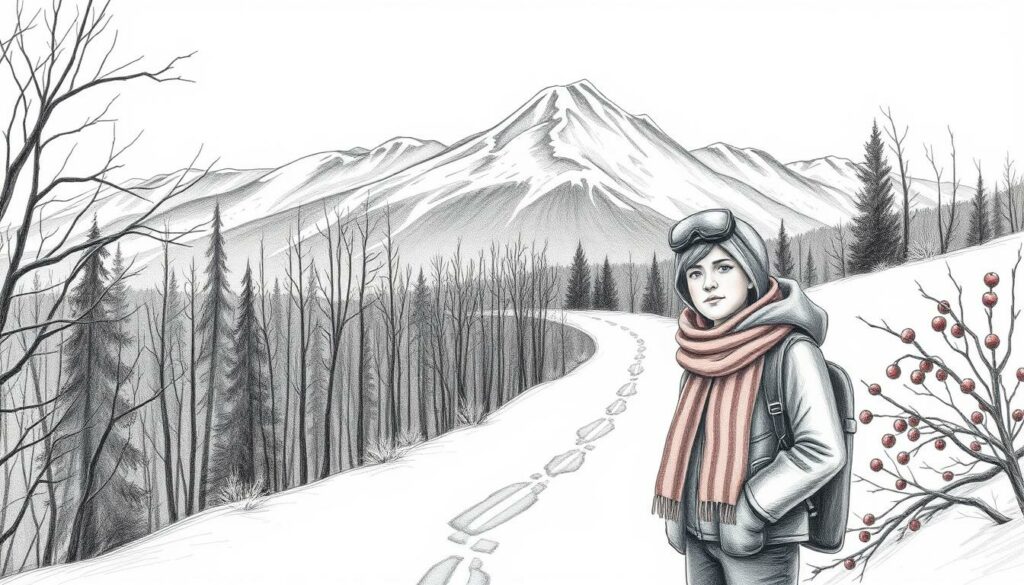A serene winter landscape with contrasting elements. In the foreground, a weary traveler stands, bundled up against the chill, their breath visible in the crisp air. The middle ground features a winding path through a snowy forest, with bare branches casting dramatic shadows. In the background, a majestic mountain range rises, its peaks capped with glistening snow. The scene is rendered in a muted palette of graphite grays and blacks, with hints of color - the traveler's scarf, the berries on a nearby bush - adding subtle warmth and interest. The overall mood is one of contemplation, the traveler's expression reflecting the pros and cons of their wintry journey. A serene winter landscape with contrasting elements. In the foreground, a weary traveler stands, bundled up against the chill, their breath visible in the crisp air. The middle ground features a winding path through a snowy forest, with bare branches casting dramatic shadows. In the background, a majestic mountain range rises, its peaks capped with glistening snow. The scene is rendered in a muted palette of graphite grays and blacks, with hints of color - the traveler's scarf, the berries on a nearby bush - adding subtle warmth and interest. The overall mood is one of contemplation, the traveler's expression reflecting the pros and cons of their wintry journey.