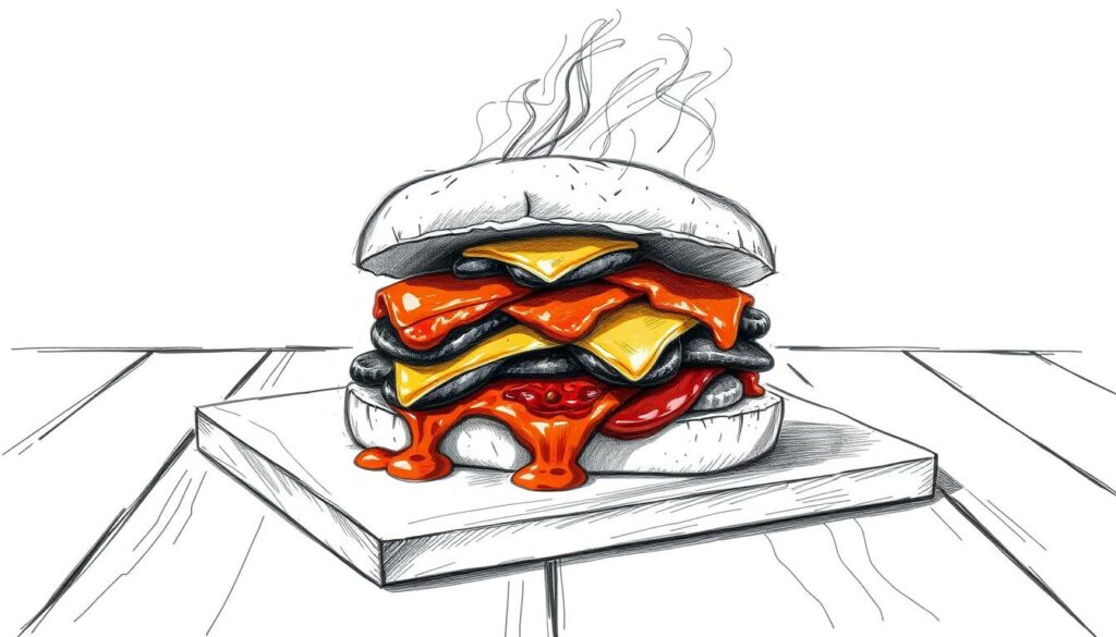 A steaming, artfully-plated Francesinha, a beloved Porto specialty, sits on a wooden table. The sandwich's layers of savory meats, melted cheese, and rich sauce are rendered in striking black-and-white, with pops of color highlighting key ingredients. The lighting casts dramatic shadows, accentuating the dish's textures and depth. The background is minimalist, allowing the Francesinha to take center stage as the culinary icon it is. The overall composition is balanced and visually captivating, inviting the viewer to imagine the dish's bold flavors and textures.
