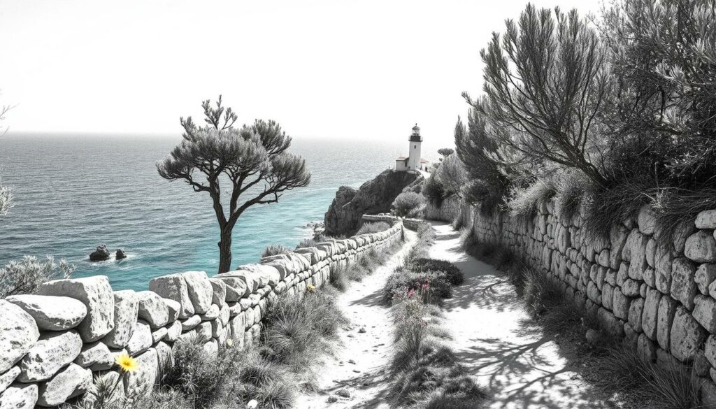A sun-dappled coastal path winds between rugged cliffs and a shimmering azure sea, the Fischerweg Rota Vicentina in Portugal. Weathered stone walls line the route, their gray tones punctuated by bursts of vibrant wildflowers. Gnarled olive trees cast delicate shadows on the trail, their silvery-green leaves rustling in the gentle breeze. In the distance, a weathered lighthouse stands watch over the dramatic landscape, its stark white form a striking contrast against the pewter sky. The scene is captured in a moody, high-contrast black and white palette, with only the occasional splash of color - a brilliant wildflower, the deep blue of the ocean - drawing the eye.