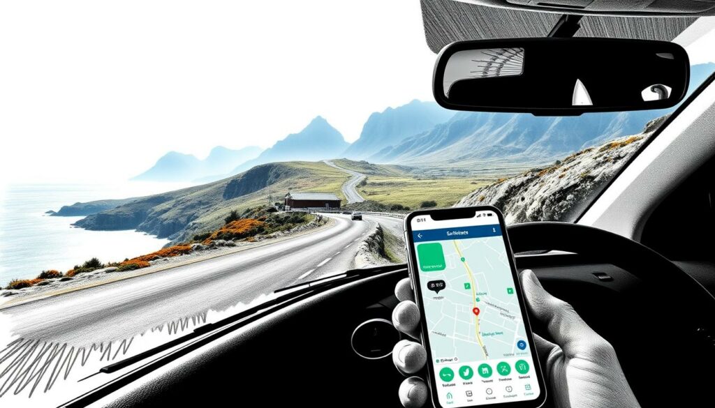 A sun-dappled rental car cruises along a coastal road on São Miguel, the largest of the Azores islands. In the foreground, a sleek smartphone displays a map and travel app, connecting the driver to the island's natural wonders. The middle ground features lush, rolling hills dotted with pockets of vibrant foliage in shades of emerald, ochre, and moss. Hazy blue-grey mountains rise in the distance, their silhouettes softened by the atmospheric perspective. The overall scene evokes a sense of freedom, adventure, and the seamless integration of technology with the island's breathtaking landscape, captured in a moody, high-contrast black-and-white palette with strategic pops of color. A sun-dappled rental car cruises along a coastal road on São Miguel, the largest of the Azores islands. In the foreground, a sleek smartphone displays a map and travel app, connecting the driver to the island's natural wonders. The middle ground features lush, rolling hills dotted with pockets of vibrant foliage in shades of emerald, ochre, and moss. Hazy blue-grey mountains rise in the distance, their silhouettes softened by the atmospheric perspective. The overall scene evokes a sense of freedom, adventure, and the seamless integration of technology with the island's breathtaking landscape, captured in a moody, high-contrast black-and-white palette with strategic pops of color.