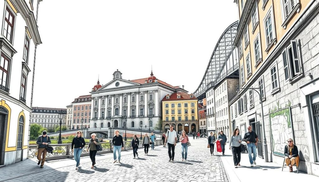 A sunny spring day in Porto, Portugal. Strolling along the historic cobblestone streets, visitors admire the city's iconic landmarks. In the foreground, the grandiose Palácio da Bolsa, its intricate façade glowing in the soft light. In the middle ground, people leisurely explore the winding alleys, their steps punctuated by pops of color from blooming flowers and vibrant street art. The background frames the iconic Dom Luís I Bridge, its arched steel structure silhouetted against the clear blue sky. The scene captures the essence of Porto's charming ambiance, where history, architecture, and the lively public spaces converge, inviting visitors to soak in the city's unique character on a beautiful day.