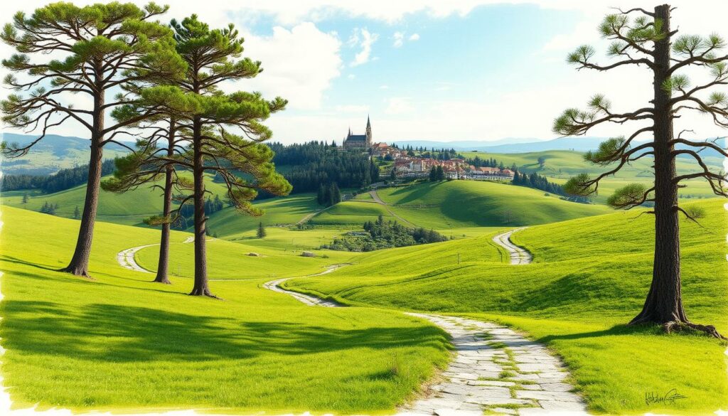 A sweeping landscape of verdant rolling hills and winding trails, bathed in soft, natural light. Tall, ancient pine trees dot the scene, casting gentle shadows across the weathered stone pathways that meander through the lush, verdant terrain. In the distance, a quaint village nestled amidst the verdant meadows, its charming houses and cobbled streets hinting at the rich cultural heritage of Northern Portugal. The atmosphere is one of tranquility and timelessness, inviting the viewer to embark on an immersive journey through this idyllic, picturesque region. A sweeping landscape of verdant rolling hills and winding trails, bathed in soft, natural light. Tall, ancient pine trees dot the scene, casting gentle shadows across the weathered stone pathways that meander through the lush, verdant terrain. In the distance, a quaint village nestled amidst the verdant meadows, its charming houses and cobbled streets hinting at the rich cultural heritage of Northern Portugal. The atmosphere is one of tranquility and timelessness, inviting the viewer to embark on an immersive journey through this idyllic, picturesque region.