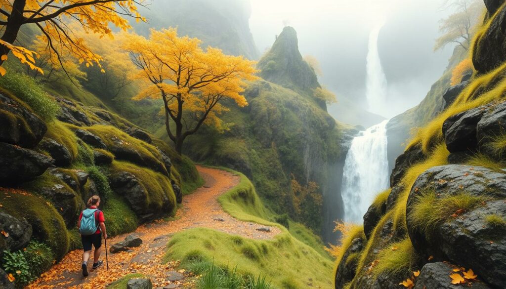 A tranquil autumn scene in Madeira's lush, verdant landscape. Winding levada paths meander through the misty forest, golden leaves dappling the ground. A lone hiker emerges from the shadows, backpack in hand, surrounded by the rugged, weathered rocks and cascading waterfalls that characterize this island paradise. Soft, diffused light filters through the canopy, casting gentle shadows and highlights that accentuate the textural richness of the environment. Subtle pops of color - a vibrant splash of red, a glint of amber - draw the eye inward, creating a sense of harmony between the natural world and the human presence within it.
