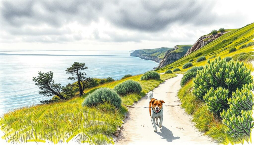 A tranquil coastal pathway winds through the lush, verdant landscape of Portugal, flanked by weathered cliffs and the shimmering expanse of the Atlantic Ocean. In the foreground, a spirited canine companion trots alongside the hiker, its playful energy captured in pencil-sketch form, with hints of color accenting its fur. The middle ground reveals the rugged, windswept terrain, punctuated by the occasional pine or olive tree, while the distant horizon is framed by a dramatic, stormy sky, its moody tones lending an air of adventure and exploration to the scene. The overall composition conveys a sense of serene exploration, inviting the viewer to embark on a captivating coastal hike with their four-legged friend. A tranquil coastal pathway winds through the lush, verdant landscape of Portugal, flanked by weathered cliffs and the shimmering expanse of the Atlantic Ocean. In the foreground, a spirited canine companion trots alongside the hiker, its playful energy captured in pencil-sketch form, with hints of color accenting its fur. The middle ground reveals the rugged, windswept terrain, punctuated by the occasional pine or olive tree, while the distant horizon is framed by a dramatic, stormy sky, its moody tones lending an air of adventure and exploration to the scene. The overall composition conveys a sense of serene exploration, inviting the viewer to embark on a captivating coastal hike with their four-legged friend.
