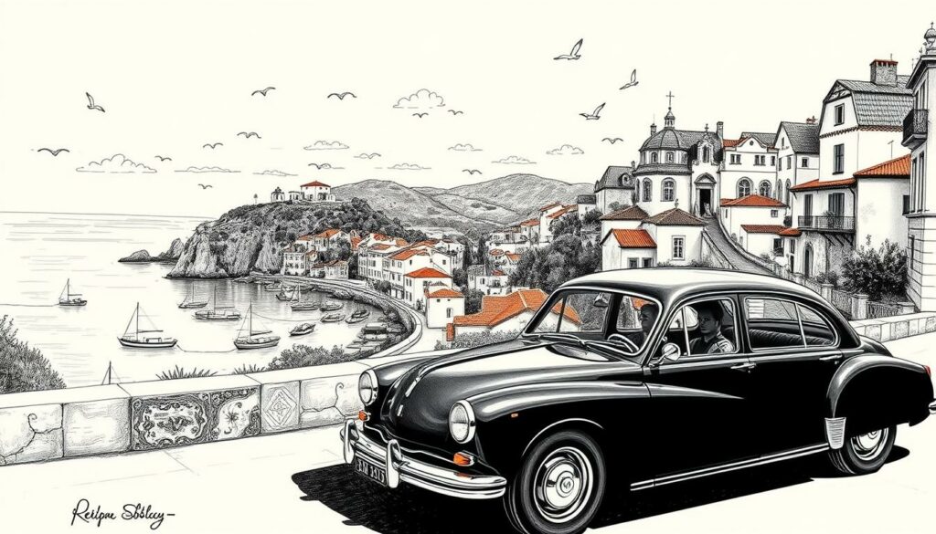 A tranquil coastal village nestled along Portugal's sun-drenched shores, with quaint fishing boats bobbing in the harbor and towering cliffs framing the picturesque landscape. A winding road leads visitors through verdant hills, past centuries-old whitewashed buildings and charming plazas adorned with colorful tile work. In the foreground, a vintage automobile navigates the narrow streets, its sleek chrome and glossy black paint accented by bursts of vibrant ochre, terracotta, and azure hues. Wispy clouds drift overhead, casting soft shadows that dance across the scene, evoking a timeless, romantic atmosphere. The composition is rendered in a captivating black and white palette, with carefully placed pops of color that draw the eye to the key elements of this quintessential Portuguese travel experience.