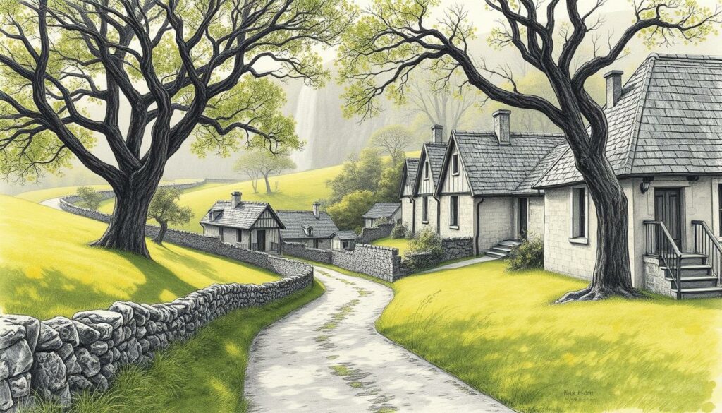 A tranquil hike through the charming slate-roofed villages of Portugal's Schieferdörfer region. A winding path meanders through lush green meadows, flanked by weathered stone walls and ancient oak trees. Sunlight filters through the canopy, casting a warm, muted glow over the rustic slate-gray houses with their distinctive pointed roofs. In the distance, a cascading waterfall tumbles over mossy rocks, its rhythmic flow lending a serene ambiance. The scene is captured in a timeless, pencil-sketch style, with splashes of earthy ochre and verdant hues adding depth and character to the pastoral landscape.