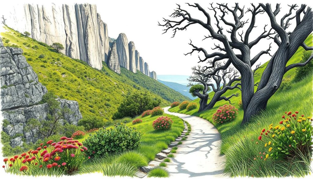 A tranquil hiking trail winds through the lush, verdant hills of Portugal, casting long shadows on the well-trodden path. Towering cliffs and rugged rock formations frame the scene, hinting at the dramatic landscapes that lie ahead. The path is flanked by vibrant wildflowers and ancient, gnarled trees, their branches reaching skyward. The overall atmosphere is one of rugged adventure and natural beauty, captured in a muted, pencil-sketched style with strategic pops of color. The focus is on the safety and security of the trail, with a sense of cautious exploration and discovery. A tranquil hiking trail winds through the lush, verdant hills of Portugal, casting long shadows on the well-trodden path. Towering cliffs and rugged rock formations frame the scene, hinting at the dramatic landscapes that lie ahead. The path is flanked by vibrant wildflowers and ancient, gnarled trees, their branches reaching skyward. The overall atmosphere is one of rugged adventure and natural beauty, captured in a muted, pencil-sketched style with strategic pops of color. The focus is on the safety and security of the trail, with a sense of cautious exploration and discovery.