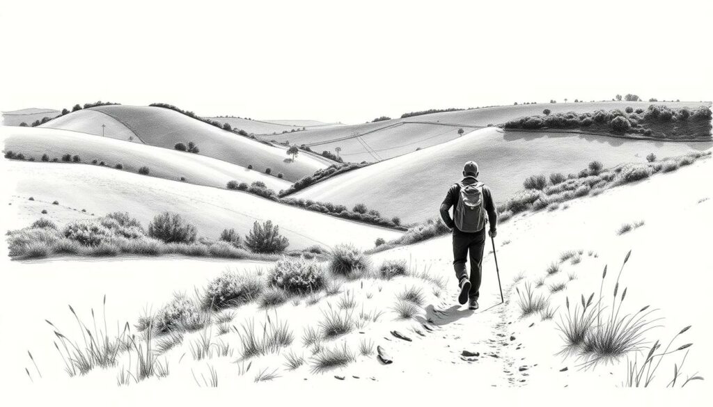 A tranquil landscape of rolling hills, winding paths, and lush foliage in Portugal's countryside. A lone traveler, silhouetted against the horizon, makes their way along a dirt trail, their backpack and walking stick indicating a journey through the serene natural beauty. The scene is rendered in a striking black and white palette, with subtle pops of color highlighting the vibrant greens of the vegetation and the warm tones of the earth. Dramatic shadows and highlights create a sense of depth and drama, while the minimalist approach allows the viewer to focus on the solitary figure and the serene, rustic environment. The overall mood is one of peaceful exploration and adventure, perfectly capturing the essence of "Anreise und Transport: Sicher zum Startpunkt". A tranquil landscape of rolling hills, winding paths, and lush foliage in Portugal's countryside. A lone traveler, silhouetted against the horizon, makes their way along a dirt trail, their backpack and walking stick indicating a journey through the serene natural beauty. The scene is rendered in a striking black and white palette, with subtle pops of color highlighting the vibrant greens of the vegetation and the warm tones of the earth. Dramatic shadows and highlights create a sense of depth and drama, while the minimalist approach allows the viewer to focus on the solitary figure and the serene, rustic environment. The overall mood is one of peaceful exploration and adventure, perfectly capturing the essence of "Anreise und Transport: Sicher zum Startpunkt".