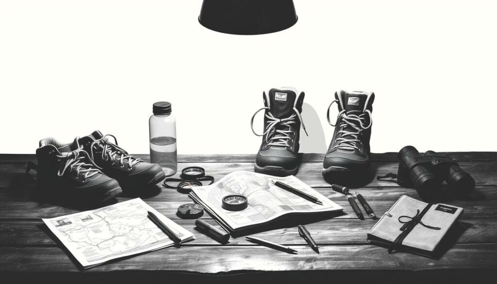 A tranquil scene of carefully selected hiking gear and supplies, meticulously arranged on a rustic wooden table. Hiking boots with worn laces, a compass, a water bottle, and a folded map lie alongside a compass, binoculars, and a journal. Soft shadows cast by a single overhead light create a contemplative atmosphere, inviting the viewer to imagine the journey ahead. The monochromatic palette, punctuated by occasional pops of color, evokes a sense of thoughtful planning and preparation for an immersive outdoor experience. This image embodies the spirit of "Planung und praktische Tipps fürs Weitwandern in Portugal." A tranquil scene of carefully selected hiking gear and supplies, meticulously arranged on a rustic wooden table. Hiking boots with worn laces, a compass, a water bottle, and a folded map lie alongside a compass, binoculars, and a journal. Soft shadows cast by a single overhead light create a contemplative atmosphere, inviting the viewer to imagine the journey ahead. The monochromatic palette, punctuated by occasional pops of color, evokes a sense of thoughtful planning and preparation for an immersive outdoor experience. This image embodies the spirit of "Planung und praktische Tipps fürs Weitwandern in Portugal."