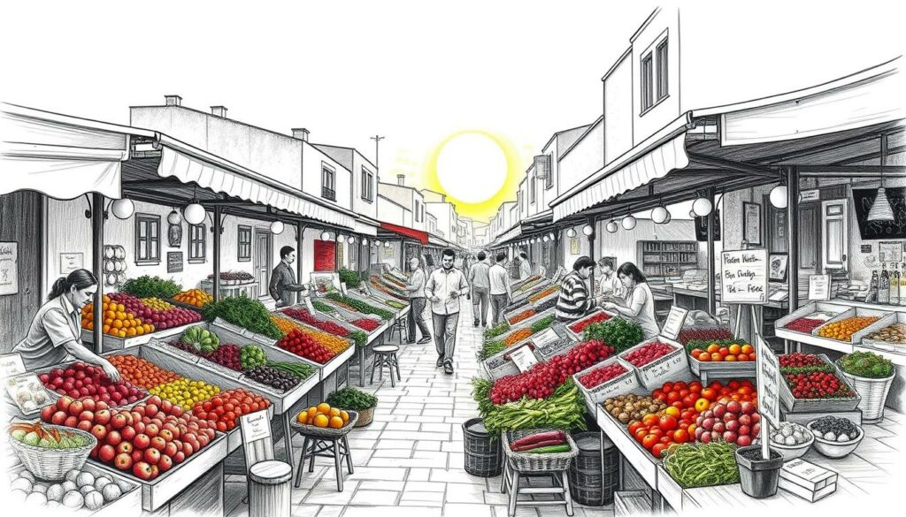 A vibrant outdoor marketplace in the Algarve region of Portugal, showcasing a diverse array of local produce, fresh seafood, and artisanal goods. The foreground features colorful stalls brimming with ripe fruits, vegetables, and fragrant spices, while the middle ground captures lively interactions between vendors and patrons. In the background, the warm Mediterranean sun casts a soft, golden glow over the scene, accentuating the region's renowned culinary delights. The image is rendered in a muted, monochromatic palette with selective pops of color, creating a striking, timeless aesthetic.