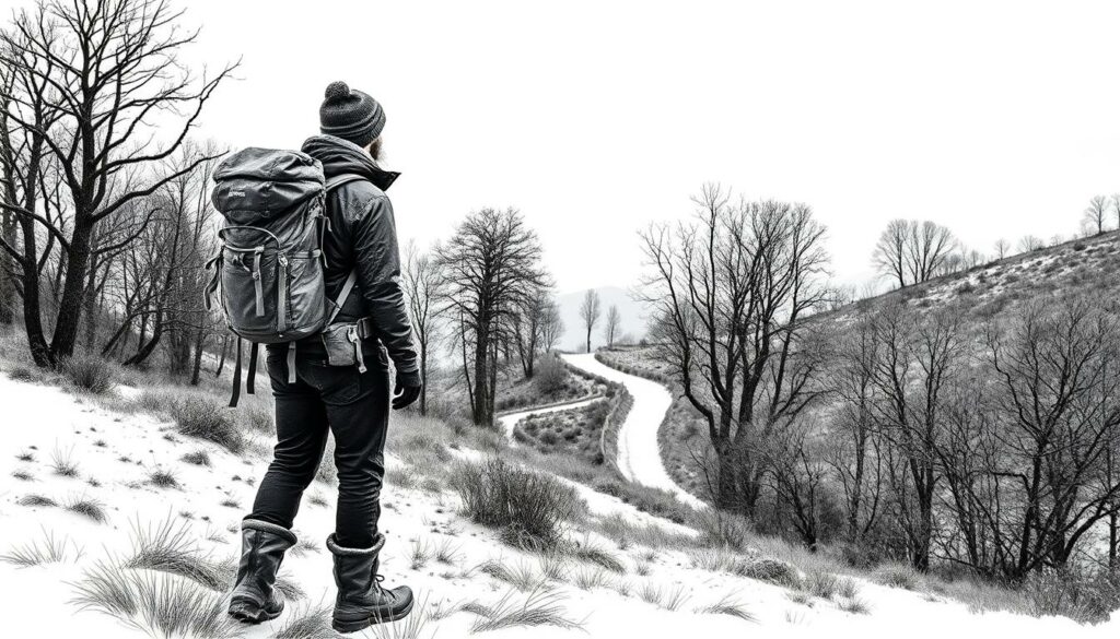 A well-equipped winter hiker stands amidst a serene Portuguese landscape, their silhouette cast in a monochrome palette with subtle pops of color. In the foreground, a sturdy backpack, hiking boots, and layers of warm clothing hint at the practical necessities for a cold-weather trek. The middle ground reveals a winding path cutting through a rolling hillside, lined with leafless trees that reach skyward. In the distance, a hazy outline of distant mountains sets the scene, a calming backdrop for this tranquil winter adventure. Soft, diffused lighting casts a pensive mood, inviting the viewer to envision the peaceful solitude of an off-season Portuguese trail.