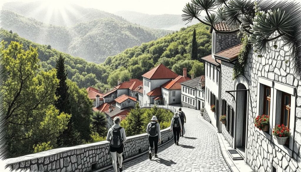 A winding path winds through a picturesque Portuguese village, surrounded by rolling hills and lush forests. The historic stone buildings, with their red-tiled roofs, stand in contrast to the lush greenery. Sunlight filters through the trees, casting a warm glow over the scene. In the foreground, a group of hikers, their backpacks and hiking gear visible, explore the cobblestone streets. Pops of color, like the vibrant flowers in window boxes, add depth and interest to the monochromatic palette. The overall atmosphere is one of tranquility and timelessness, capturing the essence of Portugal's historic villages and the GR22 hiking route. A winding path winds through a picturesque Portuguese village, surrounded by rolling hills and lush forests. The historic stone buildings, with their red-tiled roofs, stand in contrast to the lush greenery. Sunlight filters through the trees, casting a warm glow over the scene. In the foreground, a group of hikers, their backpacks and hiking gear visible, explore the cobblestone streets. Pops of color, like the vibrant flowers in window boxes, add depth and interest to the monochromatic palette. The overall atmosphere is one of tranquility and timelessness, capturing the essence of Portugal's historic villages and the GR22 hiking route.