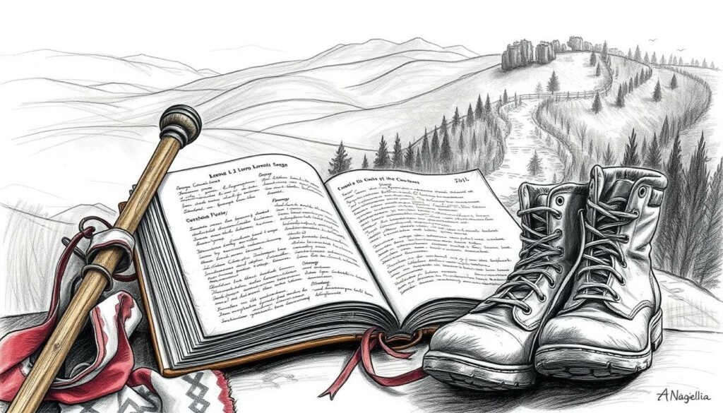A worn traveler's journal lies open, its pages filled with sketches and scribbled notes in a myriad of languages. In the foreground, a well-worn pilgrim's staff and a pair of weathered boots suggest the journey of the Camino. Hints of color - a splash of red on a scarf, the gleam of a polished button - add visual interest against the monochrome palette. The background evokes the varied landscapes of the Camino, with impressionistic strokes of graphite evoking rolling hills, distant forests, and the winding path ahead. The overall mood is one of contemplation, the challenges of linguistic diversity tempered by the shared experience of the pilgrimage.