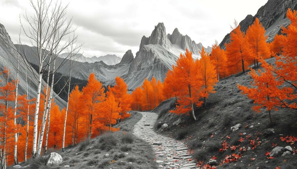 An autumn hike through the mountainous landscape, with vibrant foliage casting a warm glow over the rugged terrain. Towering peaks rise in the distance, their jagged silhouettes cutting against a moody, overcast sky. Slender birch trees line the winding trail, their delicate branches reaching skyward. Underfoot, a carpet of fallen leaves in shades of ochre and crimson crunch with each step. The scene is rendered in a striking black and white palette, with selective color accents highlighting the natural beauty of the changing seasons.