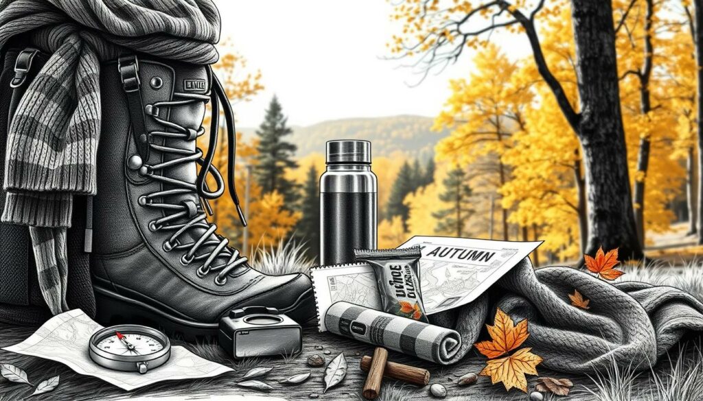 An autumn hiking backpack with sturdy hiking boots, a cozy sweater, and a warm scarf. In the foreground, a compass and a map, hinting at the journey ahead. In the middle, a thermal flask and a snack bar, essential for the trek. In the background, a serene forest landscape with golden foliage, casting a soft, warm glow. The scene is rendered in striking black and white, with subtle pops of color in the accents, evoking the tranquil yet invigorating atmosphere of an autumn hike.