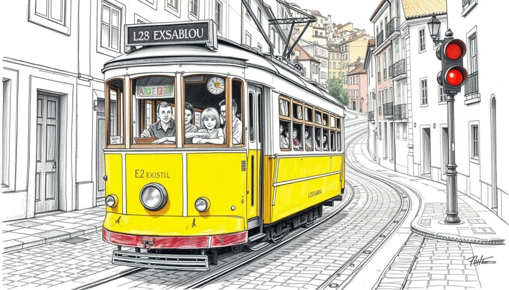 An old-fashioned Lissabon tram, the E28 Erlebnis, navigates the hilly streets of the Portuguese capital. The streetcar's vibrant yellow exterior stands in contrast to the monochromatic buildings and cobblestone roads around it. A few passengers, drawn with precise pencil strokes, peer out the windows, taking in the sights of the historic city. Pops of color, such as the green foliage and a red traffic light, add visual interest to the otherwise black-and-white scene. The tram glides effortlessly, capturing the essence of Lissabon's family-friendly charm and the joy of exploring the city by public transportation.