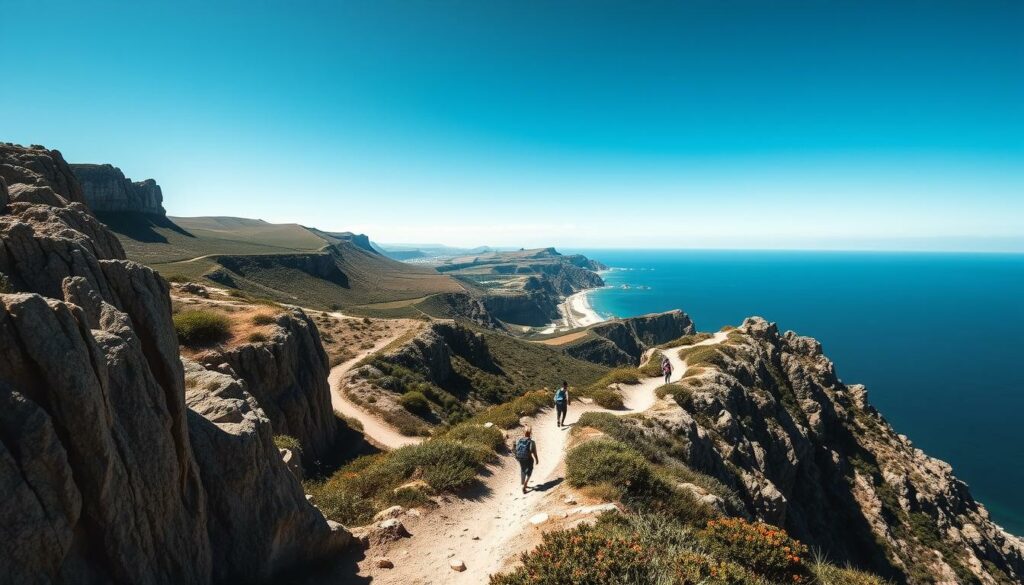 Breathtaking coastal trail along the Algarve, Portugal. Rugged cliffs, pristine beaches, and crystal-clear Atlantic waters. Hikers traverse a winding path, with dramatic rock formations and serrated edges in the foreground. Gentle slopes and rolling hills in the middle ground, dotted with lush vegetation and vibrant flora. Distant horizon line meets the vast, azure sky, evoking a sense of tranquility and grandeur. Desaturated tones with subtle pops of color highlight the natural beauty of this picturesque landscape. Moody, atmospheric lighting casts long shadows and creates depth and dimension. Captured through a wide-angle lens to showcase the sweeping panorama.