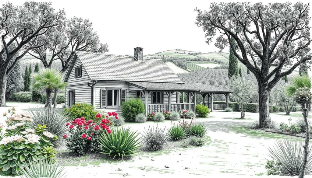 Ferienhäuser in Portugal, umgeben von üppiger Natur, bieten Freiheit und Privatsphäre. Ein geräumiges, zweistöckiges Haus mit Holzfassade und großen Fenstern, eingebettet in sanfte Hügel. Im Vordergrund ein gepflegter Garten mit Blumen und Sträuchern in verschiedenen Grüntönen. Im Hintergrund erstreckt sich eine malerische Landschaft mit Olivenhainen und Weinbergen, in Bleistiftschwarz-Weiß gehalten, mit punktuellen Farbakzenten in Blau und Rot. Ferienhäuser in Portugal, umgeben von üppiger Natur, bieten Freiheit und Privatsphäre. Ein geräumiges, zweistöckiges Haus mit Holzfassade und großen Fenstern, eingebettet in sanfte Hügel. Im Vordergrund ein gepflegter Garten mit Blumen und Sträuchern in verschiedenen Grüntönen. Im Hintergrund erstreckt sich eine malerische Landschaft mit Olivenhainen und Weinbergen, in Bleistiftschwarz-Weiß gehalten, mit punktuellen Farbakzenten in Blau und Rot.