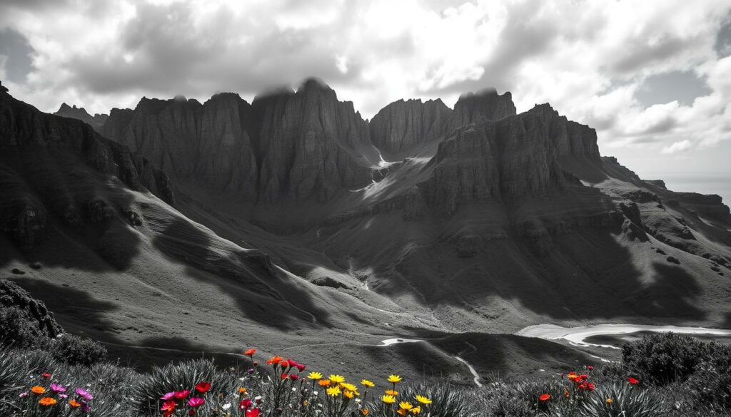Imposing mountain peaks rising majestically above a lush, verdant landscape. Rugged cliffs and rocky outcroppings cast dramatic shadows across the scene. A panoramic vista of Madeira's stunning natural beauty, with hints of color in the form of vibrant wildflowers dotting the foreground. The scene is captured in a moody, high-contrast black-and-white palette, with selective pops of color to draw the eye to key elements. Captured through the lens of a skilled landscape photographer, the image conveys a sense of grandeur, adventure, and the awe-inspiring power of nature.