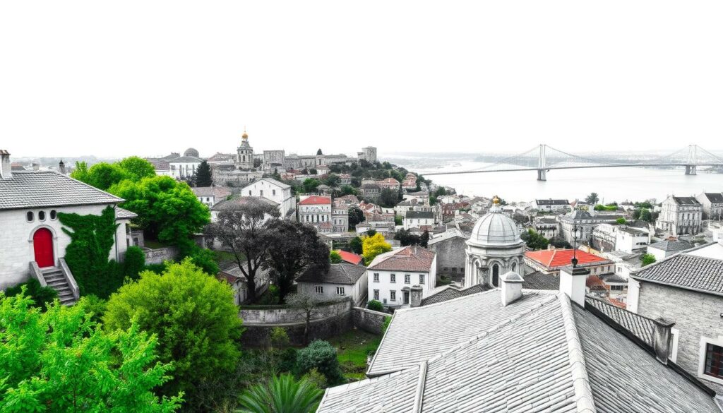 Majestic vistas of Lisbon's rolling hills and historic architecture, captured in a breathtaking black and white panorama. Weathered stone facades and tiled rooftops stand in contrast to the lush, verdant foliage that cascades down the slopes, punctuated by vibrant splashes of color - a vibrant red door, a verdant park, or a golden spire glinting in the soft, diffused light. The perspective is wide and sweeping, offering a comprehensive view of the city's timeless beauty, with the iconic Ponte 25 de Abril bridge and the Tagus River in the distance, creating a sense of depth and scale. The mood is one of tranquility and contemplation, inviting the viewer to lose themselves in the timeless allure of this captivating Portuguese metropolis.