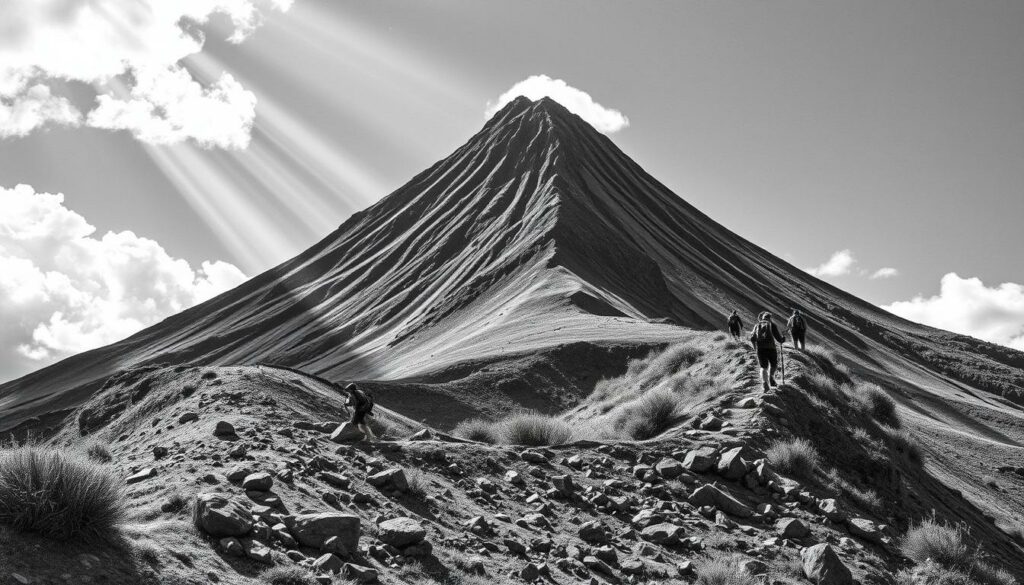 Majestic volcanic peak rising against a dramatic sky, its rugged slopes etched in stark monochrome. Hikers ascend along winding trails, backpacks and trekking poles in hand, their silhouettes casting long shadows. Scattered boulders and rocky outcroppings provide treacherous footing, while lush vegetation clings to the periphery, adding splashes of muted color. Shafts of light pierce the clouds, illuminating the scene with an ethereal glow. Capture the challenge and grandeur of scaling this iconic Pico volcano, showcasing three distinct routes to the summit in striking black and white with strategic pops of color.
