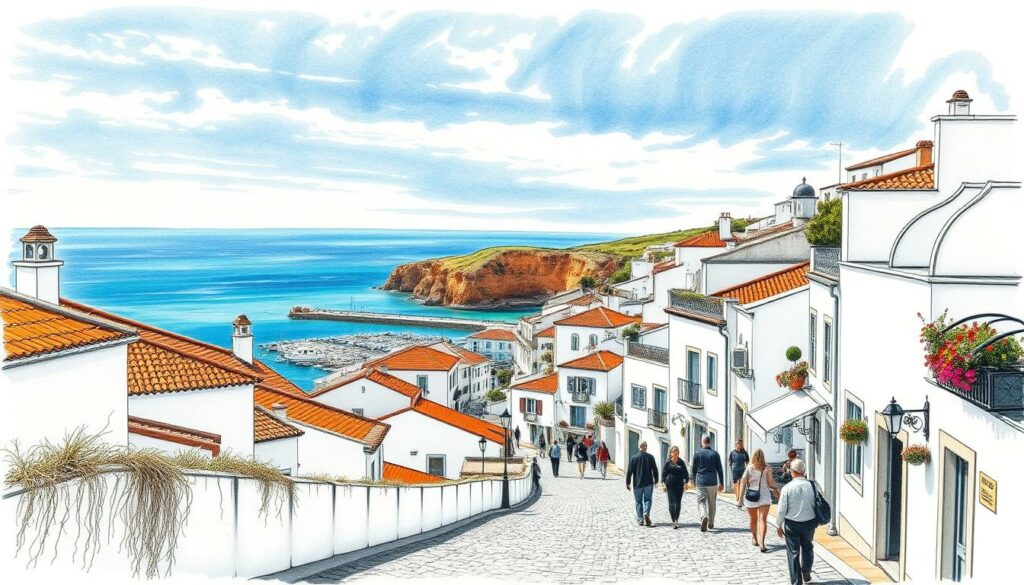 Picturesque coastal town of Albufeira, Algarve region, Portugal. Charming whitewashed buildings, terracotta roofs, and winding cobblestone streets leading to a bustling harbor. Vibrant blue skies and turquoise waters of the Atlantic Ocean in the background, with dramatic ochre-hued cliffs lining the shoreline. Locals and tourists strolling leisurely, capturing the laidback Mediterranean vibe. The scene bathed in warm, golden sunlight, creating pockets of rich color amidst the predominantly monochrome palette. A compelling visual representation of the Algarve's alluring natural beauty and captivating historical character.