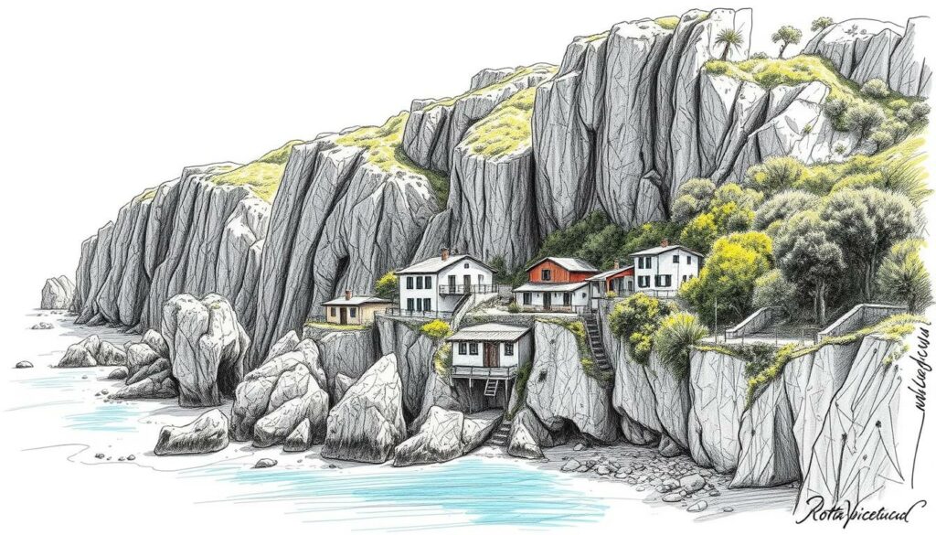 Rugged coastline of Portugal, with guesthouses and hostels nestled between rocky cliffs and lush vegetation. Crisp, monochromatic sketch-like rendering, punctuated by occasional bursts of vibrant hues - the azure of the ocean, the verdant foliage, the warm tones of weathered stone. Dramatic lighting casts long shadows, adding depth and dimension. Capture the serene, contemplative atmosphere of these quaint seaside accommodations, inviting weary hikers to rest and rejuvenate along the Rota Vicentina trail.