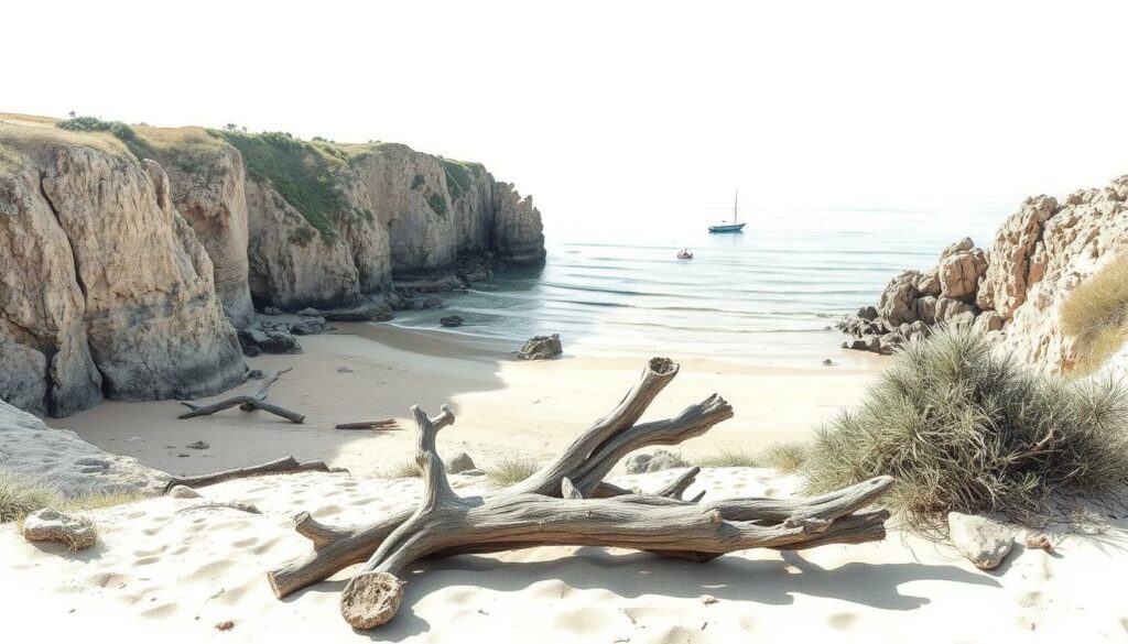 Secluded beach along the Alentejo coast, Portugal. Rugged cliffs embrace a tranquil cove, its sandy shores bathed in soft, muted light. Driftwood and weathered rocks dot the foreground, casting dramatic shadows. In the middle distance, gentle waves ebb and flow, their rhythm accentuated by specks of color - a vibrant blue fishing boat, a crimson umbrella. The backdrop reveals a hazy, undulating horizon, where the ocean seamlessly meets the sky. Pencil-sketch tones with subtle pops of color capture the serene, timeless essence of this hidden coastal gem.