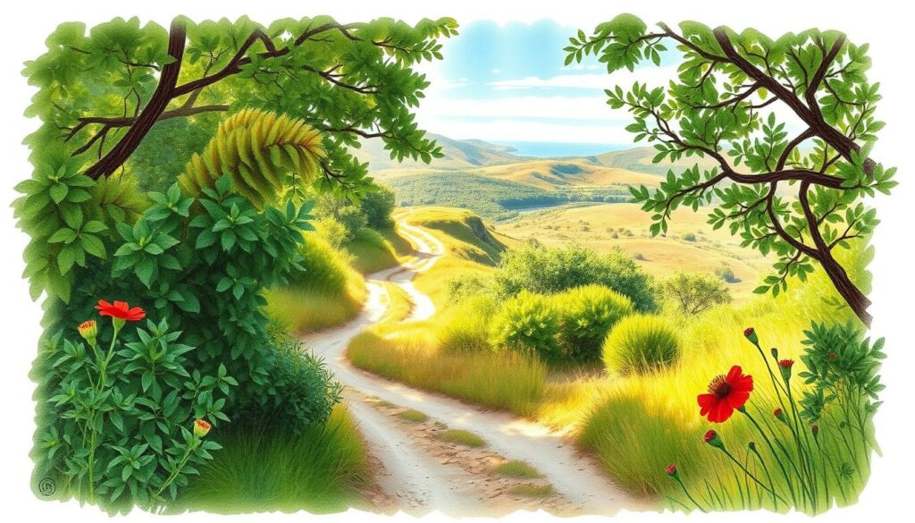 Serene landscape of the Fisherman's Trail, Rota Vicentina, Portugal. Lush green foliage frames a winding dirt path, leading the viewer into the distance. Soft, diffused lighting casts a warm, golden glow, creating a tranquil atmosphere. Punctuated by pops of color - a vibrant red wildflower, a splash of azure in the sky. Pencil-sketch aesthetic with subtle, selective colorization enhances the contemplative mood. The scene evokes the best time of year to plan and embark on this iconic hiking adventure.