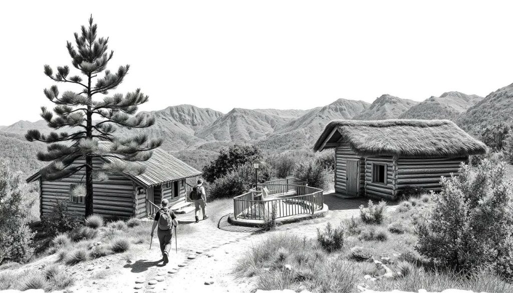 Serene mountain vistas, winding hiking trails, and cozy accommodations nestled in the lush Portuguese countryside. A rustic timber lodge with weathered wooden siding and a charming thatched roof sits amidst verdant foliage. Hikers traverse a rugged path, backpacks in hand, as a lone pine tree casts shadows across the scene. The landscape is rendered in a striking black and white palette, with subtle pops of color highlighting the vibrant flora and the weathered details of the lodge. A sense of tranquility and adventure pervades the image, inviting the viewer to explore the natural wonders and comfortable respite of Portugal's hiking routes.