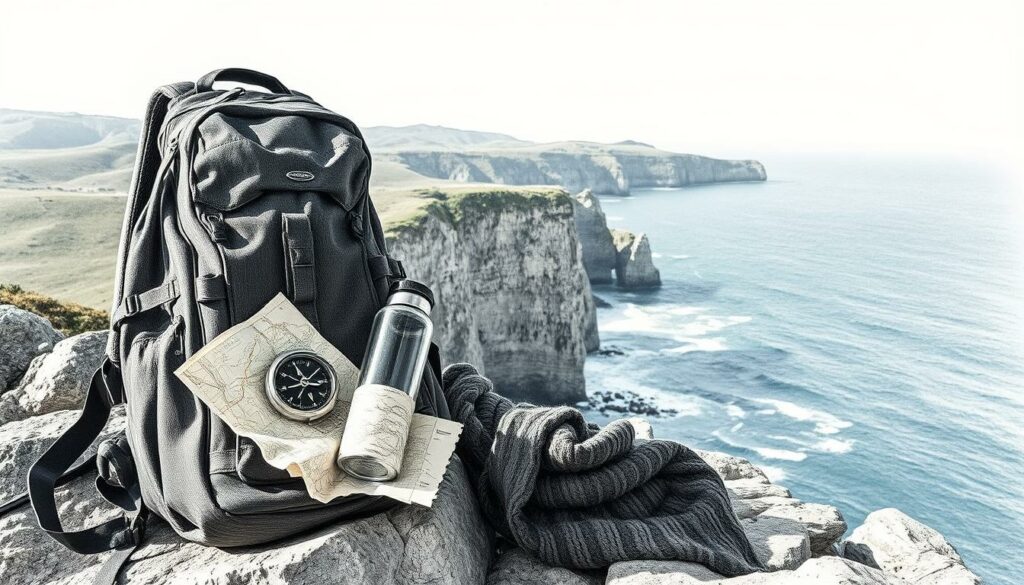 Wanderausrüstung Serra Arrábida: A rugged backpack rests on a rocky cliff, its contents spilling out - a compass, a water bottle, a weathered map, and a warm scarf. In the distance, the deep blue of the Atlantic Ocean crashes against the jagged, sun-bleached cliffs. Lush, verdant hills roll in the background, their contours softened by a gentle haze. The scene is rendered in a moody, atmospheric palette of graphite grays and inky blacks, with just a hint of earthy ochre and forest green to punctuate the composition. A sense of adventure and exploration permeates the image, inviting the viewer to imagine the journey ahead.
