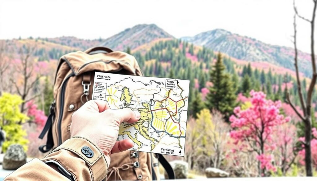Wanderausrüstung für eine Frühlingswanderung: Rucksack, wanderschuhe, leichte jacke, trinkflasche und fernglas. Vorne im bild eine hand, die eine landkarte hält. im hintergrund sieht man eine bergige waldlandschaft mit blühenden blumen in kräftigen farben. die szene ist in einem klaren, kühlen licht gehalten, mit punktuellen farbigen akzenten. die stimmung ist entspannt und voller vorfreude auf die bevorstehende wanderung.