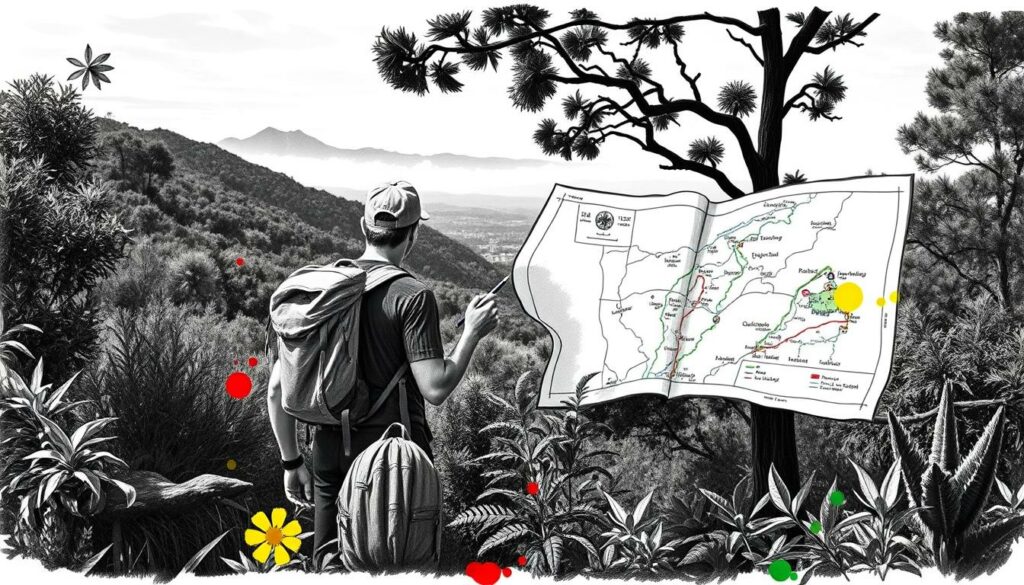 Wandering through Portugal's picturesque landscapes, a hiker plans their adventure with meticulous attention. In the foreground, a detailed map unfolds, highlighting potential routes and key landmarks. Surrounded by lush greenery, the central figure contemplates their itinerary, pencil in hand, capturing the essence of the upcoming journey. In the background, a serene mountain vista emerges, hinting at the breathtaking sceneries that await. The scene is rendered in a striking black and white palette, punctuated by vibrant splashes of color, reflecting the careful preparation and the anticipation of the trip. Wandering through Portugal's picturesque landscapes, a hiker plans their adventure with meticulous attention. In the foreground, a detailed map unfolds, highlighting potential routes and key landmarks. Surrounded by lush greenery, the central figure contemplates their itinerary, pencil in hand, capturing the essence of the upcoming journey. In the background, a serene mountain vista emerges, hinting at the breathtaking sceneries that await. The scene is rendered in a striking black and white palette, punctuated by vibrant splashes of color, reflecting the careful preparation and the anticipation of the trip.