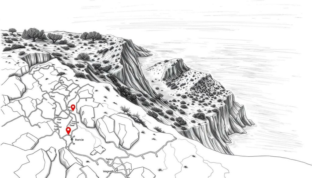 Wanderwege Algarve Karte: a stunning black and white illustration showcasing the intricate network of coastal hiking trails along the Algarve region. In the foreground, a detailed map highlights the diverse paths winding through dramatic cliffs, punctuated by pops of vibrant color to denote key landmarks. The middle ground reveals lush, rugged landscapes with windswept trees and rocky outcroppings, captured in a moody, atmospheric style. In the background, the vast, azure ocean stretches out, hinting at the breathtaking vistas and secluded beaches that beckon adventurous hikers. Drawn with a refined, pencil-sketched aesthetic, this image evokes a sense of exploration and discovery, perfectly capturing the essence of the Algarve's captivating coastal trails. Wanderwege Algarve Karte: a stunning black and white illustration showcasing the intricate network of coastal hiking trails along the Algarve region. In the foreground, a detailed map highlights the diverse paths winding through dramatic cliffs, punctuated by pops of vibrant color to denote key landmarks. The middle ground reveals lush, rugged landscapes with windswept trees and rocky outcroppings, captured in a moody, atmospheric style. In the background, the vast, azure ocean stretches out, hinting at the breathtaking vistas and secluded beaches that beckon adventurous hikers. Drawn with a refined, pencil-sketched aesthetic, this image evokes a sense of exploration and discovery, perfectly capturing the essence of the Algarve's captivating coastal trails.