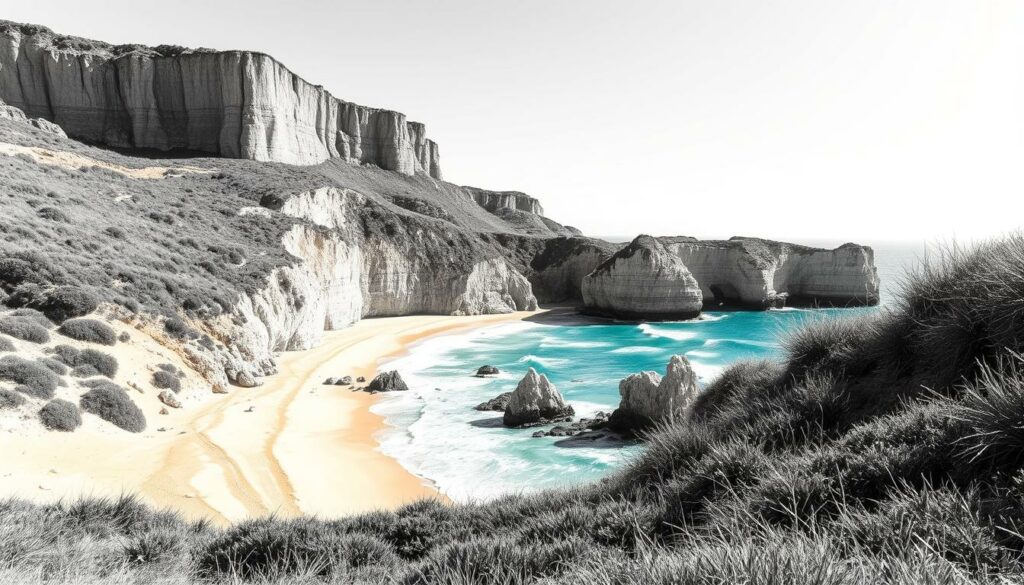 Westküste Strand Sagres, Portugal: A rugged coastline with towering cliffs, windswept dunes, and azure waves crashing against the shore. Capture the dramatic scenery through a black and white lens, with pops of color highlighting the vibrant flora and the golden sunlight. Showcase the windswept pine trees, the weathered rock formations, and the serene, solitary beach. Depict the tranquil atmosphere and the sense of isolation, as if the viewer is the only one witnessing this breathtaking landscape. Utilize a wide-angle perspective to convey the grand scale of the scene, and play with the contrast between the stark monochrome and the subtle, colorful accents. Westküste Strand Sagres, Portugal: A rugged coastline with towering cliffs, windswept dunes, and azure waves crashing against the shore. Capture the dramatic scenery through a black and white lens, with pops of color highlighting the vibrant flora and the golden sunlight. Showcase the windswept pine trees, the weathered rock formations, and the serene, solitary beach. Depict the tranquil atmosphere and the sense of isolation, as if the viewer is the only one witnessing this breathtaking landscape. Utilize a wide-angle perspective to convey the grand scale of the scene, and play with the contrast between the stark monochrome and the subtle, colorful accents.