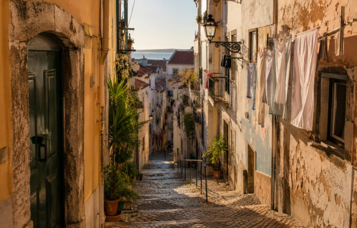 Wann nach Lissabon reisen? Historische gelbe Tram fährt durch die Gassen der Alfama bei Frühlingssonne.