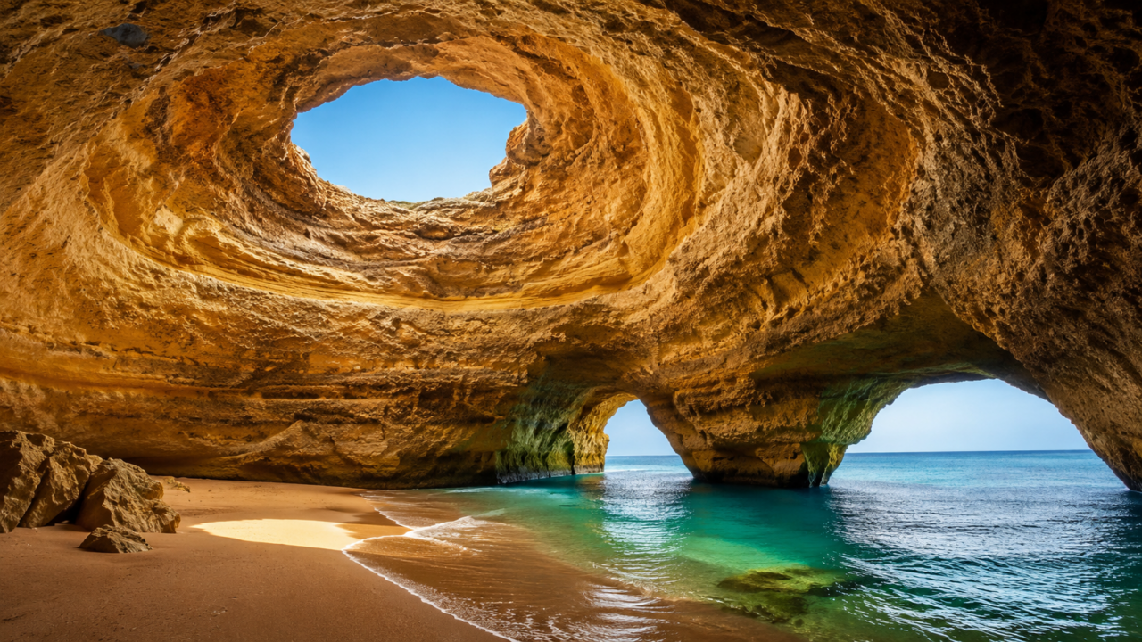Portugal Nebensaison: Eine leere Strandbucht an der Algarve im November bei Sonnenschein